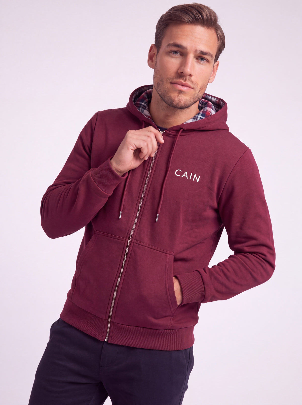 Cain Plaided Hoodie Burgundy