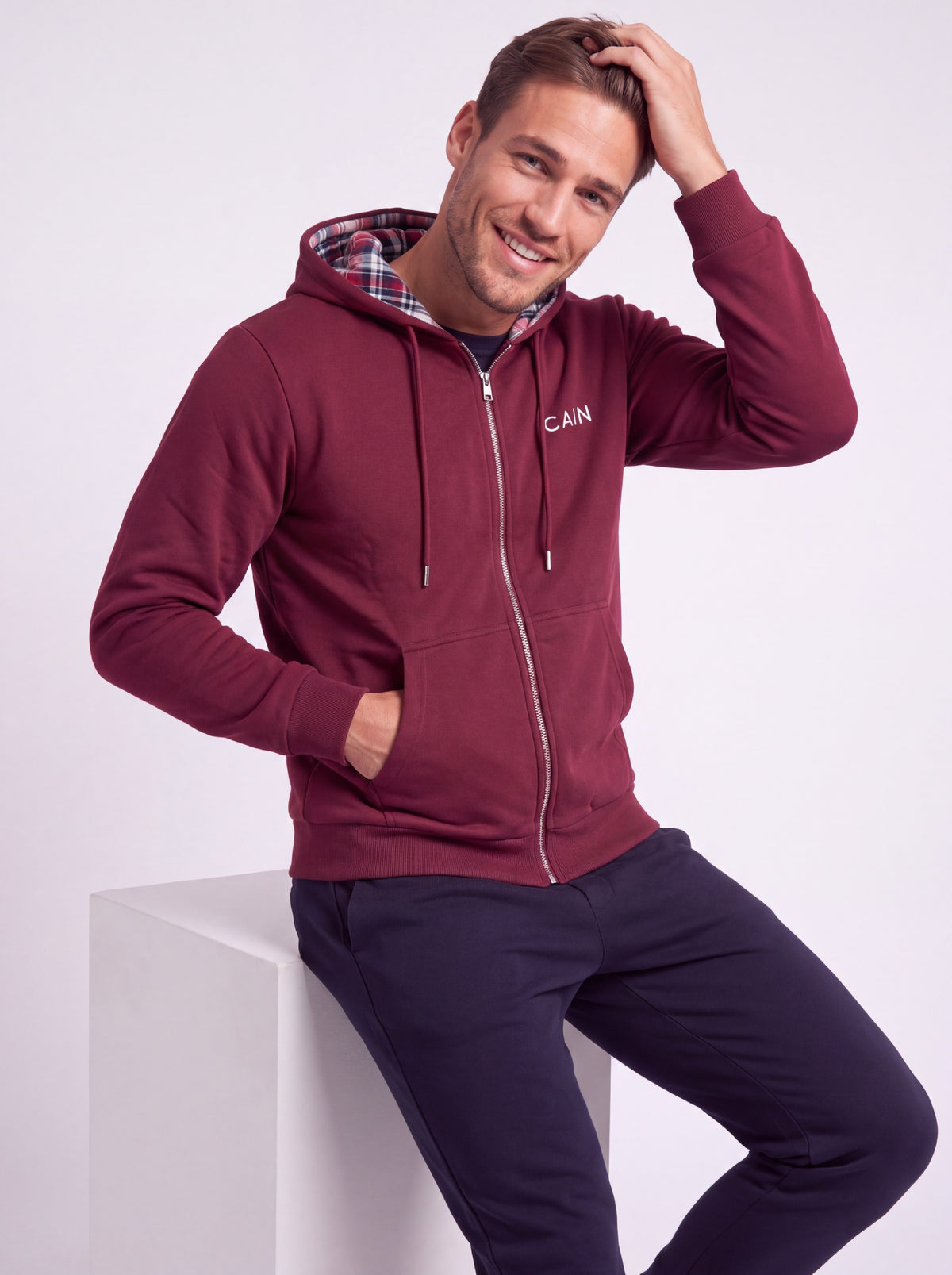 Cain Plaided Hoodie Burgundy