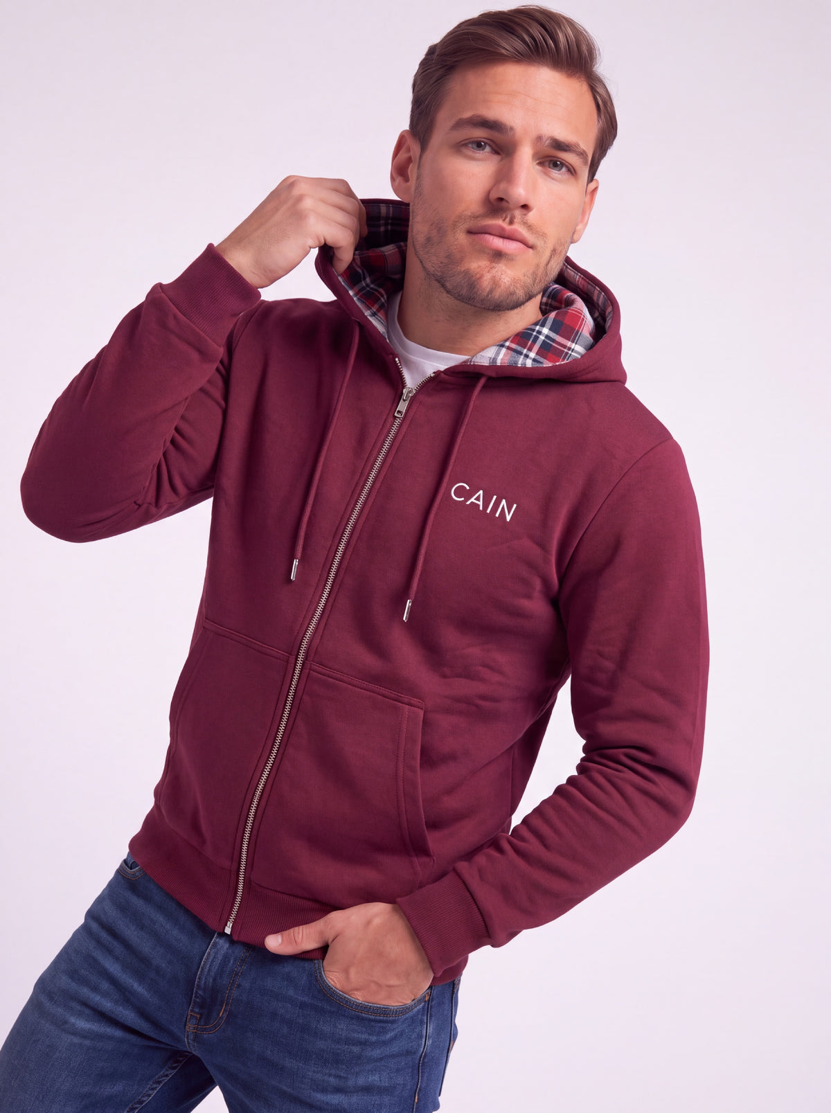 Cain Plaided Hoodie Burgundy